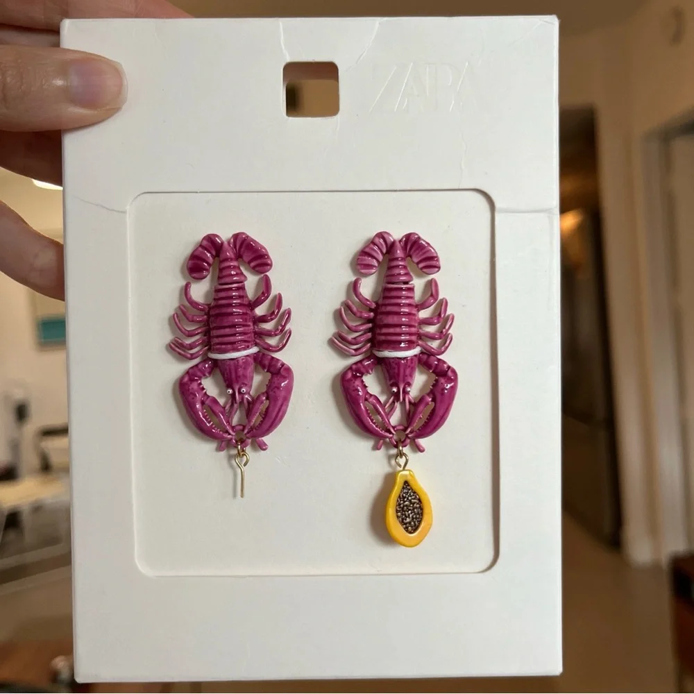 ZARA WOMAN NWT LOBSTER EARRINGS PINK FUCHSIA JEWELLERY SUMMER VACATION BEACH